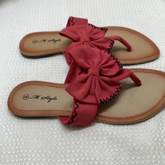M Style Deep Salmon Fabric Bow Flat Sandals Size 9 - Picture 3 of 5